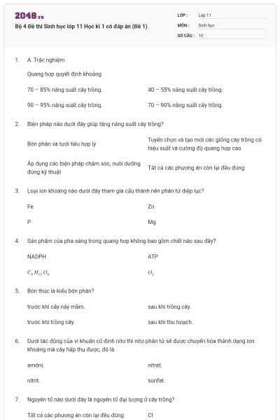 Bộ 4 Đề thi Sinh học lớp 11 Học kì 1 có đáp án (Đề 1)