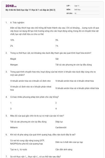 Bộ 4 Đề thi Sinh học lớp 11 Học kì 1 có đáp án (Đề 3)