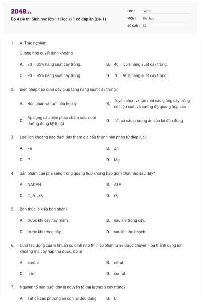 Bộ 4 Đề thi Sinh học lớp 11 Học kì 1 có đáp án (Đề 1)
