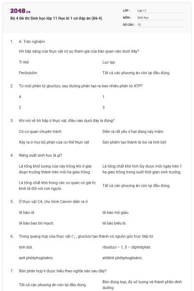 Bộ 4 Đề thi Sinh học lớp 11 Học kì 1 có đáp án (Đề 4)