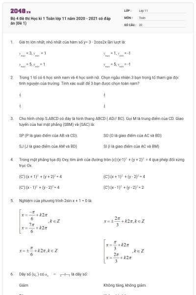 Bộ 4 Đề thi Học kì 1 Toán lớp 11 năm 2020 - 2021 có đáp án (Đề 1)