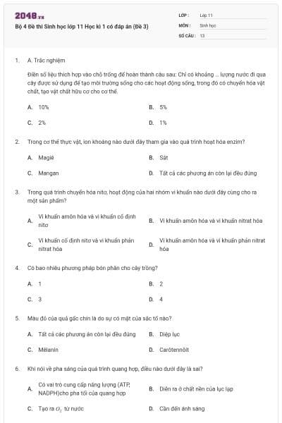 Bộ 4 Đề thi Sinh học lớp 11 Học kì 1 có đáp án (Đề 3)