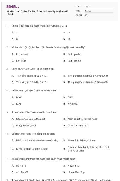 Đề kiểm tra 15 phút Tin học 7 Học kì 1 có đáp án (Bài số 2 - Đề 4)