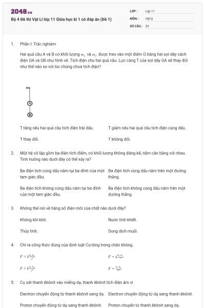 Bộ 4 Đề thi Vật Lí lớp 11 Giữa học kì 1 có đáp án (Đề 1)