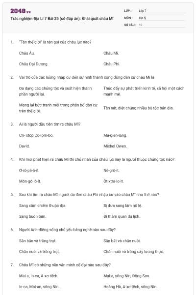 Trắc nghiệm Địa Lí 7 Bài 35 (có đáp án): Khái quát châu Mĩ