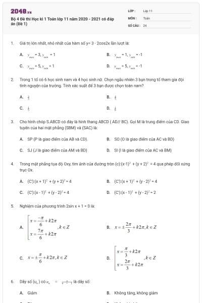Bộ 4 Đề thi Học kì 1 Toán lớp 11 năm 2020 - 2021 có đáp án (Đề 1)