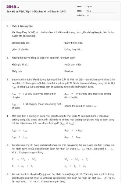 Bộ 4 Đề thi Vật Lí lớp 11 Giữa học kì 1 có đáp án (Đề 3)