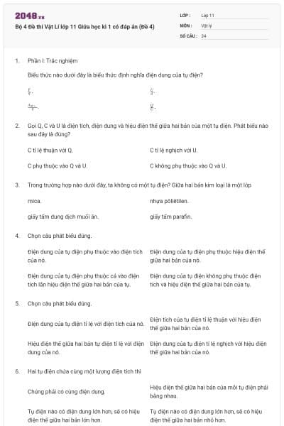 Bộ 4 Đề thi Vật Lí lớp 11 Giữa học kì 1 có đáp án (Đề 4)