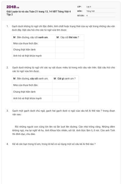 Giải Luyện từ và câu Tuần 21 trang 13, 14 VBT Tiếng Việt 4 Tập 2