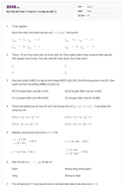 Bộ 4  Đề thi Toán 11 Học kì 1 có đáp án (Đề 1)