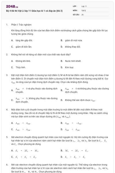 Bộ 4 Đề thi Vật Lí lớp 11 Giữa học kì 1 có đáp án (Đề 3)