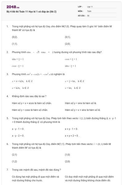 Bộ 4 Đề thi Toán 11 Học kì 1 có đáp án (Đề 2)