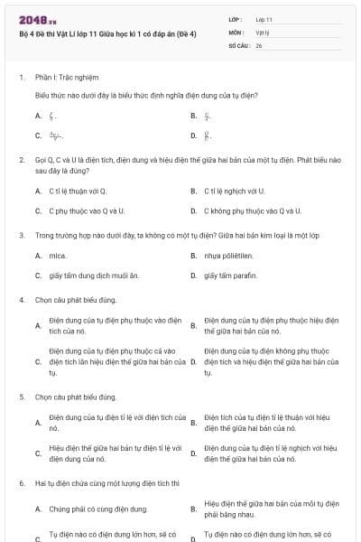 Bộ 4 Đề thi Vật Lí lớp 11 Giữa học kì 1 có đáp án (Đề 4)