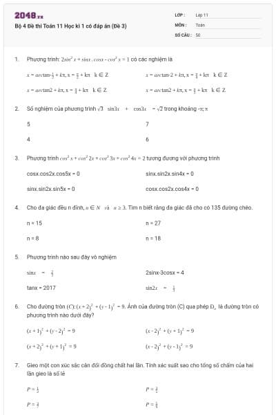Bộ 4 Đề thi Toán 11 Học kì 1 có đáp án (Đề 3)