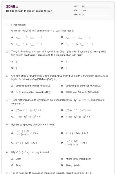 Bộ 4  Đề thi Toán 11 Học kì 1 có đáp án (Đề 1)