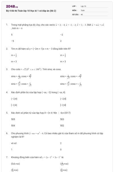 Bộ 4 Đề thi Toán lớp 10 Học kì 1 có đáp án (Đề 2)