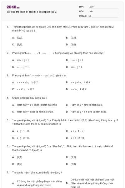 Bộ 4 Đề thi Toán 11 Học kì 1 có đáp án (Đề 2)