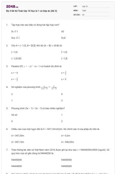 Bộ 4 Đề thi Toán lớp 10 Học kì 1 có đáp án (Đề 3)