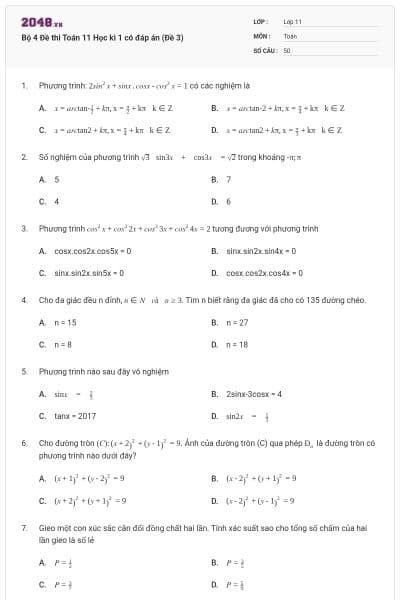 Bộ 4 Đề thi Toán 11 Học kì 1 có đáp án (Đề 3)