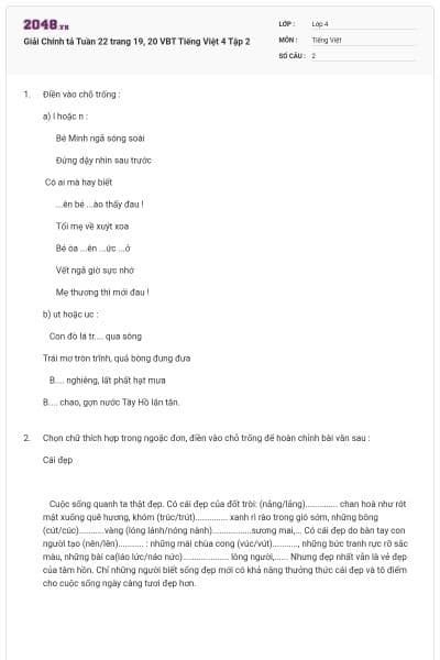 Giải Chính tả Tuần 22 trang 19, 20 VBT Tiếng Việt 4 Tập 2