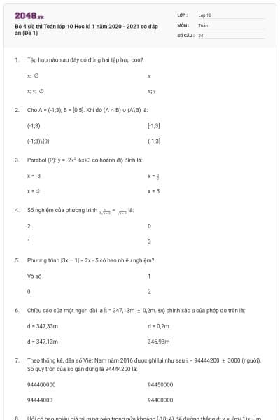 Bộ 4 Đề thi Toán lớp 10 Học kì 1 năm 2020 - 2021 có đáp án (Đề 1)