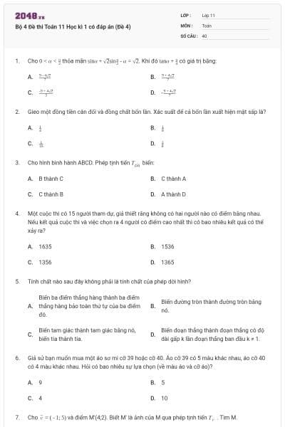 Bộ 4 Đề thi Toán 11 Học kì 1 có đáp án (Đề 4)