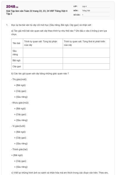 Giải Tập làm văn Tuần 22 trang 22, 23, 24 VBT Tiếng Việt 4 Tập 2