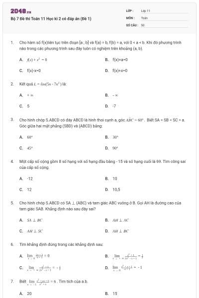 Bộ 7 Đề thi Toán 11 Học kì 2 có đáp án (Đề 1)
