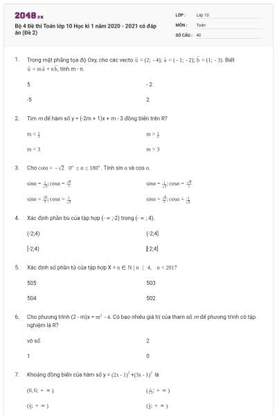 Bộ 4 Đề thi Toán lớp 10 Học kì 1 năm 2020 - 2021 có đáp án (Đề 2)