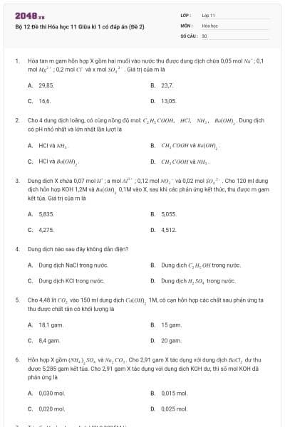 Bộ 12 Đề thi Hóa học 11 Giữa kì 1 có đáp án (Đề 2)