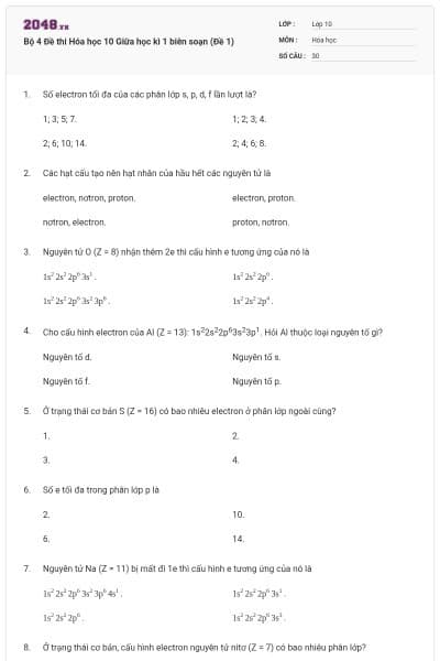 Bộ 4 Đề thi Hóa học 10 Giữa học kì 1 biên soạn (Đề 1)