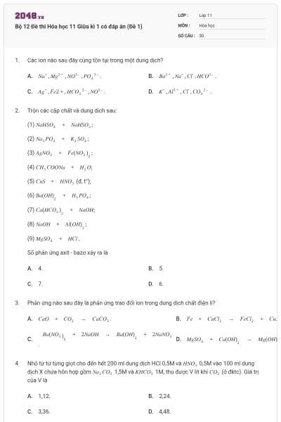 Bộ 12 Đề thi Hóa học 11 Giữa kì 1 có đáp án (Đề 1)