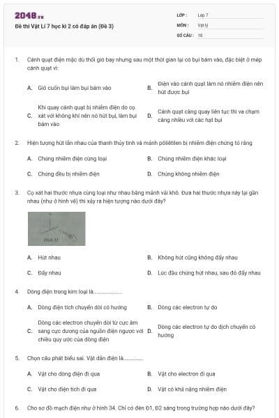 Đề thi Vật Lí 7 học kì 2 có đáp án (Đề 3)