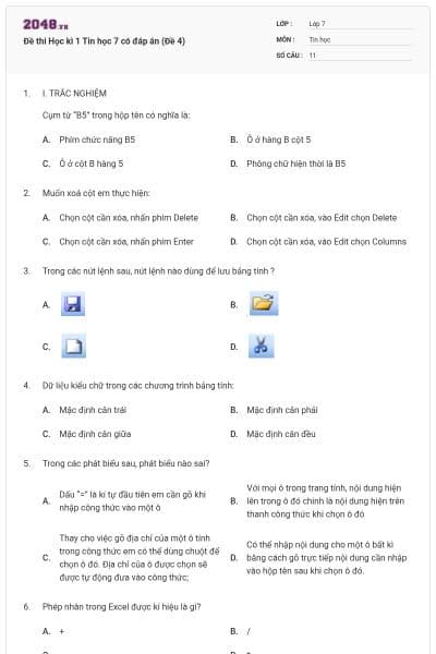 Đề thi Học kì 1 Tin học 7 có đáp án (Đề 4)