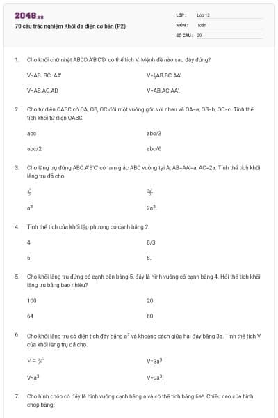 70 câu trắc nghiệm Khối đa diện cơ bản (P2)