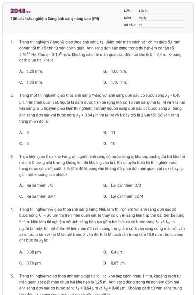 100 câu trắc nghiệm Sóng ánh sáng nâng cao (P4)