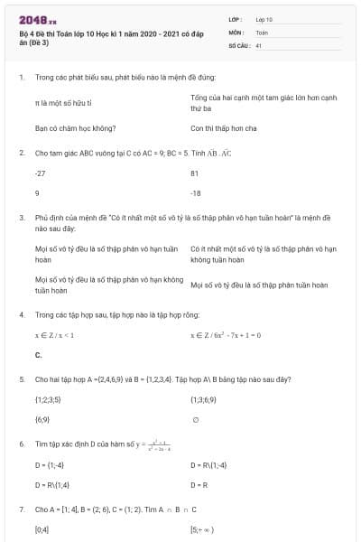 Bộ 4 Đề thi Toán lớp 10 Học kì 1 năm 2020 - 2021 có đáp án (Đề 3)