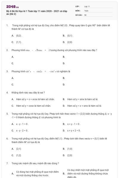 Bộ 4 Đề thi Học kì 1 Toán lớp 11 năm 2020 - 2021 có đáp án (Đề 2)