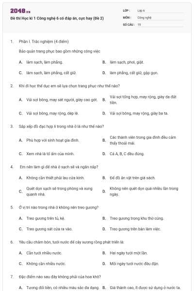 Đề thi Học kì 1 Công nghệ 6 có đáp án, cực hay (Đề 2)