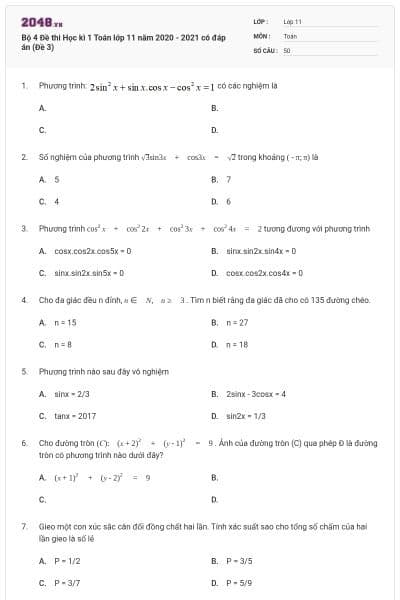 Bộ 4 Đề thi Học kì 1 Toán lớp 11 năm 2020 - 2021 có đáp án (Đề 3)