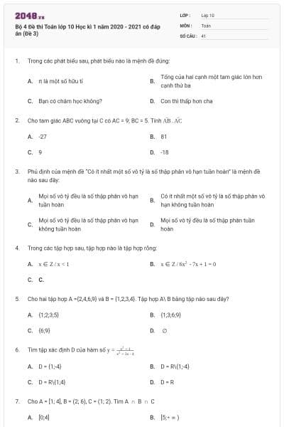 Bộ 4 Đề thi Toán lớp 10 Học kì 1 năm 2020 - 2021 có đáp án (Đề 3)