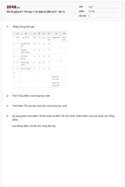 Đề thi giữa kì 1 Tin học 7 có đáp án (Bài số 2 - Đề 1)