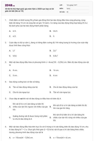 30 Đề thi thử thpt quốc gia môn Vật Lí 2020 cực hay có lời giải chi tiết (Đề số 19)