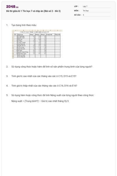 Đề thi giữa kì 1 Tin học 7 có đáp án (Bài số 2 - Đề 3)