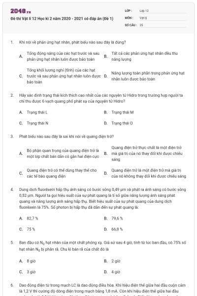 Đề thi Vật lí 12 Học kì 2 năm 2020 - 2021 có đáp án (Đề 1)