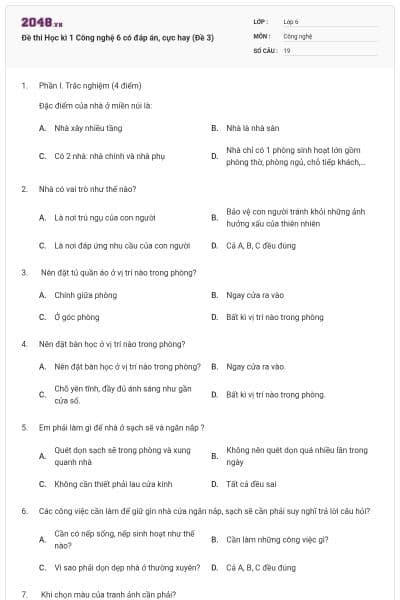 Đề thi Học kì 1 Công nghệ 6 có đáp án, cực hay (Đề 3)