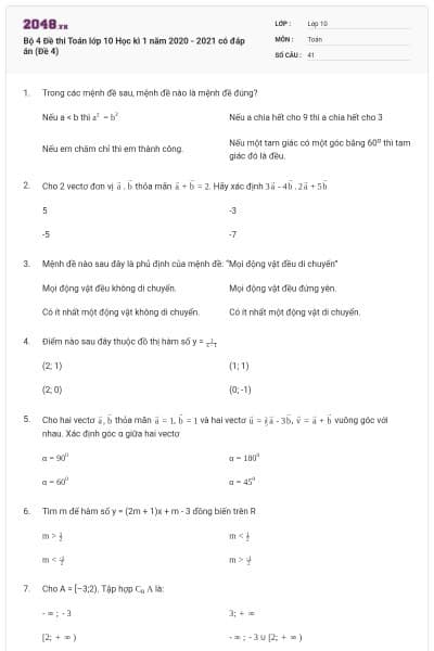 Bộ 4 Đề thi Toán lớp 10 Học kì 1 năm 2020 - 2021 có đáp án (Đề 4)