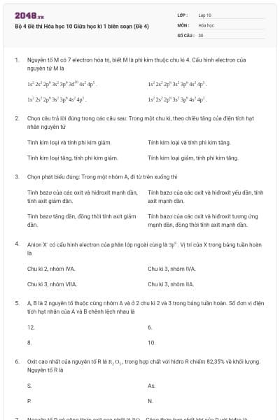 Bộ 4 Đề thi Hóa học 10 Giữa học kì 1 biên soạn (Đề 4)