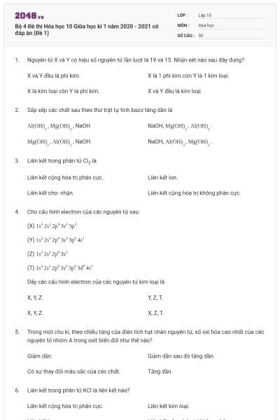 Bộ 4 Đề thi Hóa học 10 Giữa học kì 1 năm 2020 - 2021 có đáp án (Đề 1)
