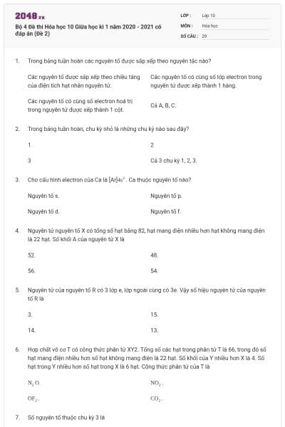Bộ 4 Đề thi Hóa học 10 Giữa học kì 1 năm 2020 - 2021 có đáp án (Đề 2)